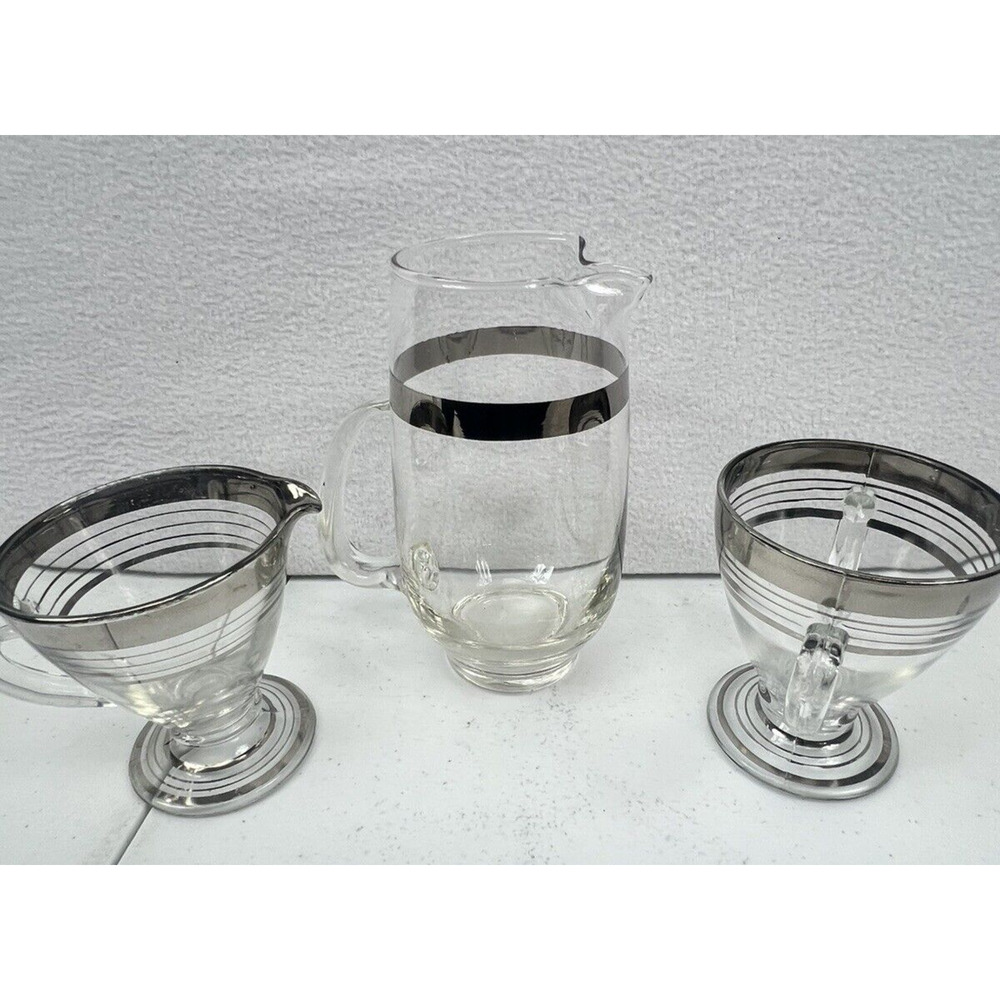 Vintage Art Deco Silver Ringed Footed Sugar & Creamer Set and‎ Pitcher MCM